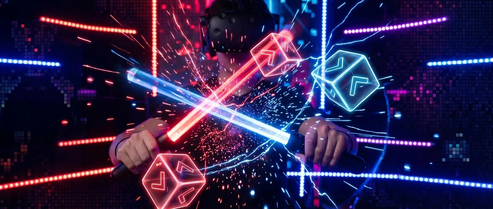 Beat Saber gameplay showing player slicing colored blocks with lightsabers in VR rhythm game environment