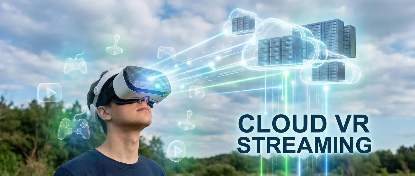 Cloud VR gaming setup showing high-end VR games streaming to Meta Quest headset without expensive PC hardware