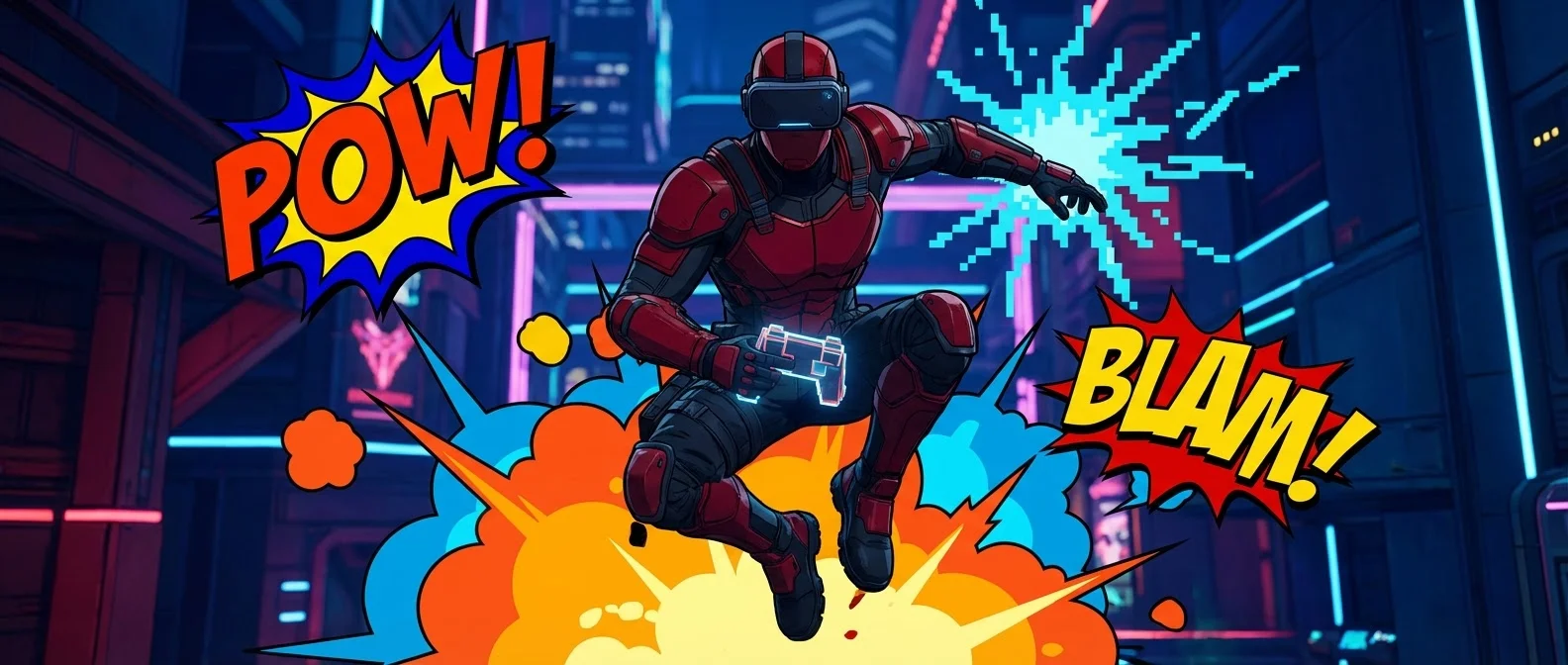 Deadpool VR gameplay showing katana combat in Mojo World