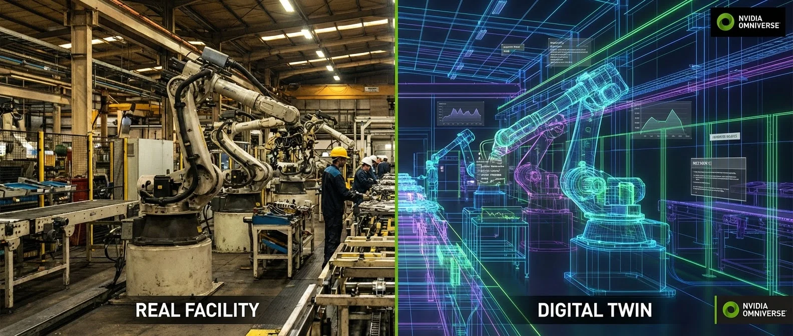 Digital twin visualization showing real-time factory monitoring and predictive analytics dashboard