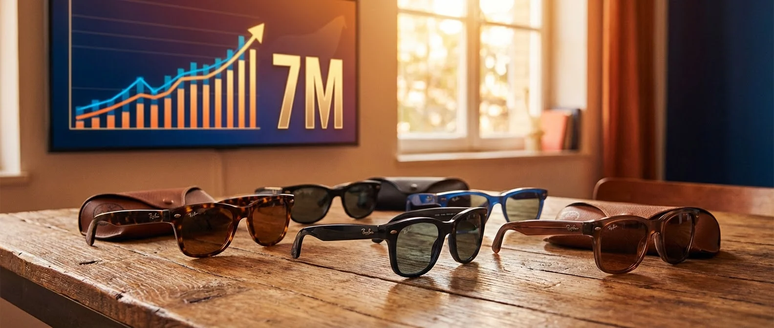 Meta Ray-Ban smart glasses showing sales growth chart reaching 7 million units sold