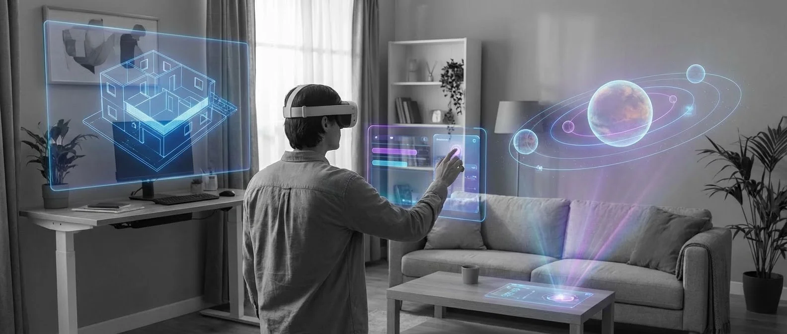 Mixed reality passthrough demonstration showing digital objects overlaid in real room environment