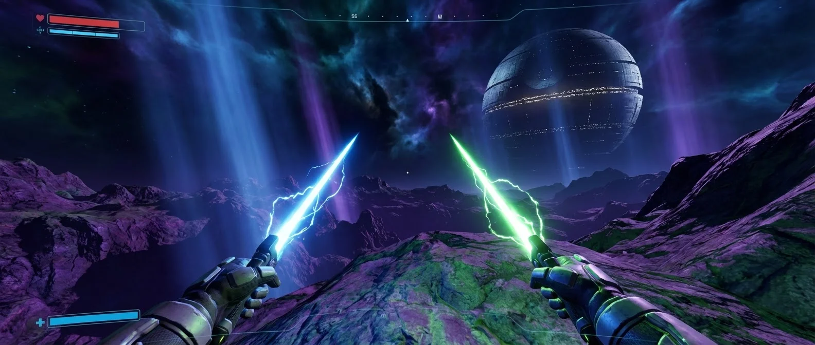 Complete collection of Star Wars VR games showing Vader Immortal, Squadrons, and Tales from Galaxy's Edge on various VR headsets