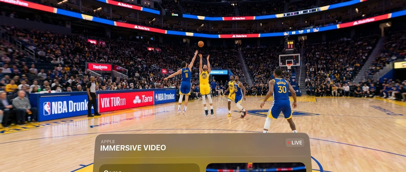 VR user experiencing NBA game in 180-degree immersive virtual reality with Apple Vision Pro headset