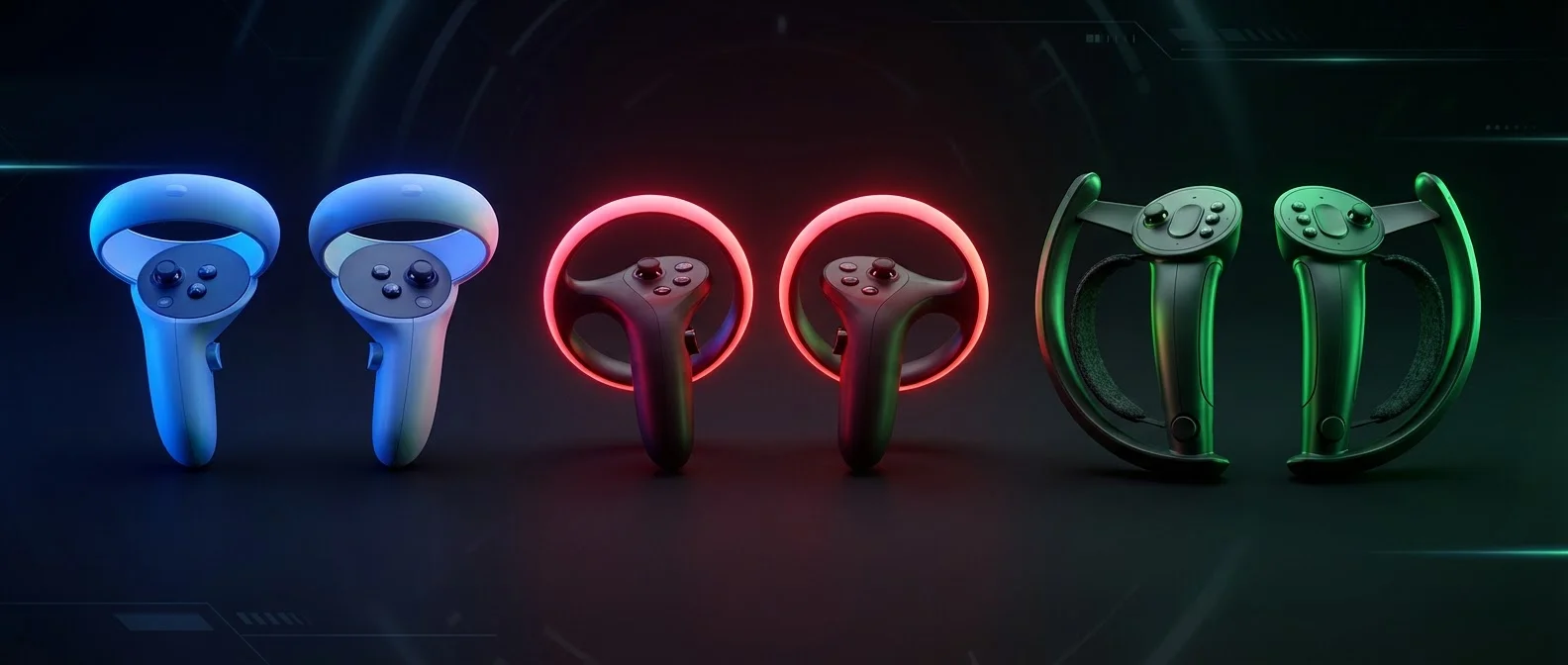 Comparison of top VR controllers in 2026: Quest Touch Plus, PSVR2 Sense, and Valve Knuckles with finger tracking technology