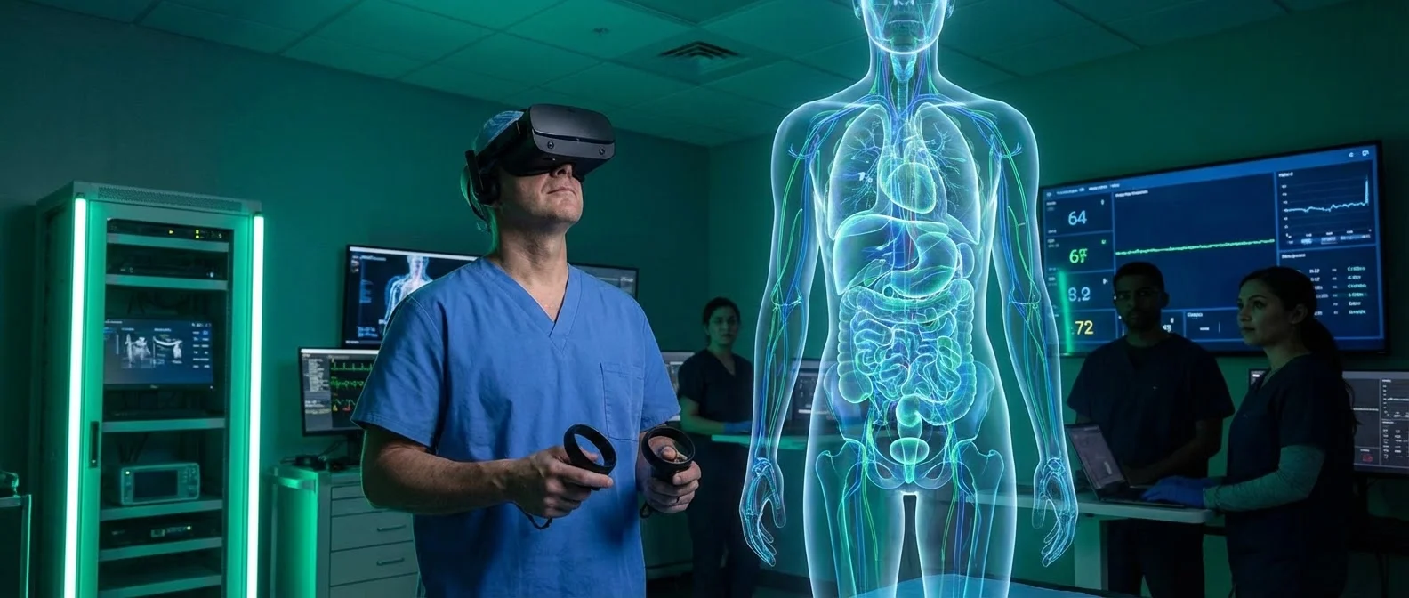 Surgeon using VR headset for medical training simulation with virtual patient