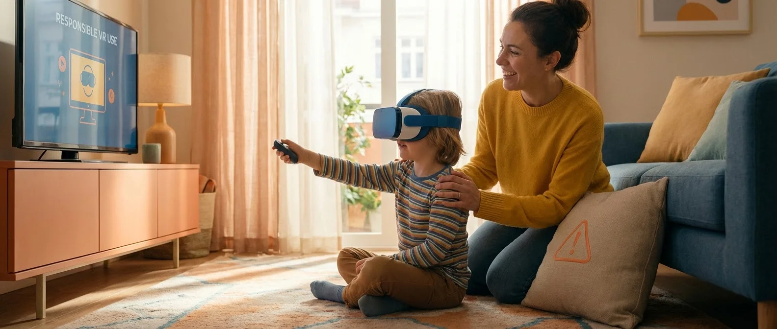 Parent supervising child using VR headset with safety guidelines displayed