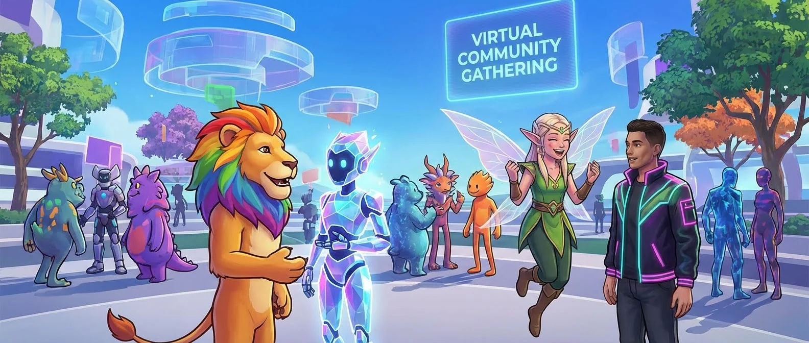 People socializing with avatars in VRChat virtual world environment with custom spaces and interactive elements