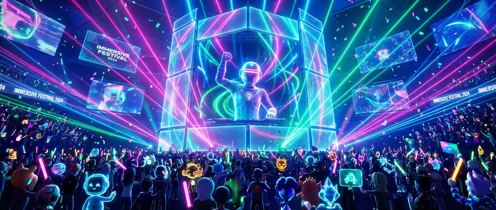 Virtual reality concert venue with holographic stage and audience avatars experiencing immersive music performance