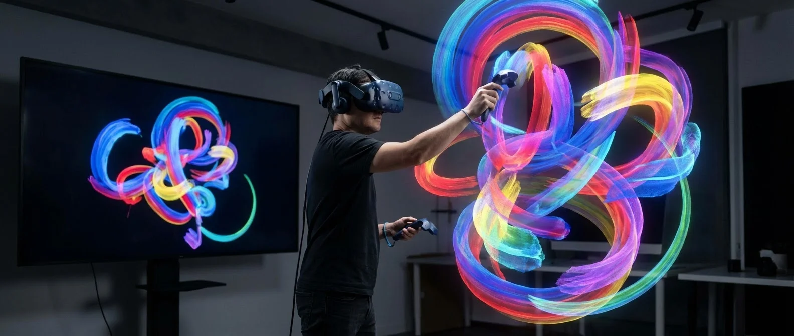 Artist painting with light brushes in virtual reality space using VR headset and controllers