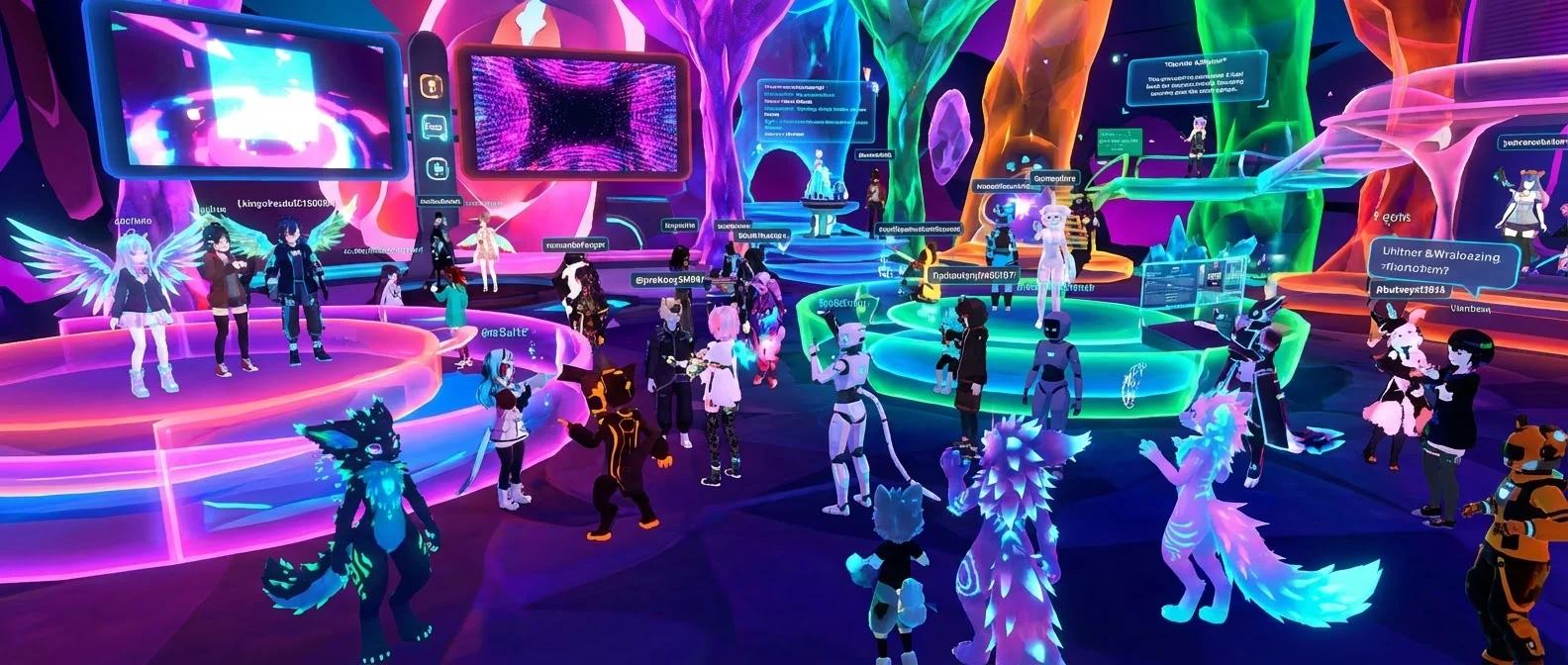 VRChat social VR platform showing diverse avatars in a virtual world environment