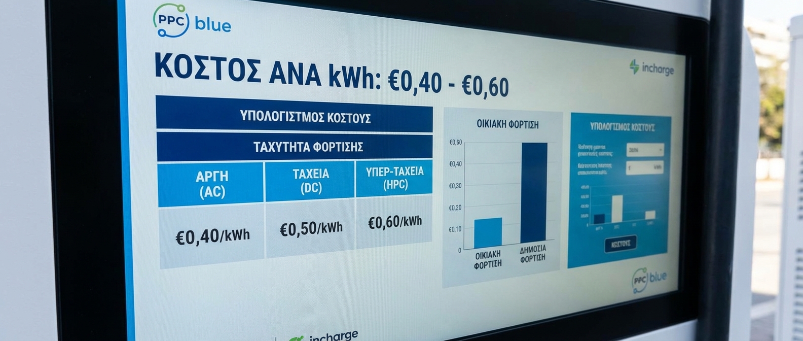 EV charging cost comparison table showing prices from €0.35 to €0.89 per kWh by provider in Greece