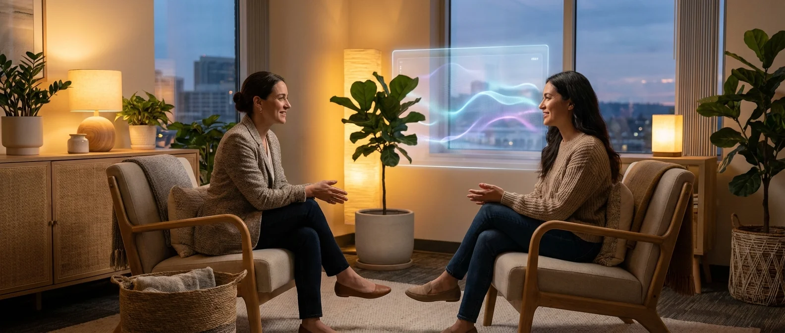 AI chatbot interface providing mental health support to a patient on smartphone