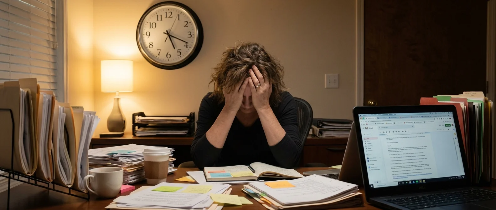 Person sitting at desk looking overwhelmed by tasks, representing the emotional weight behind procrastination behavior“Tomorrow“