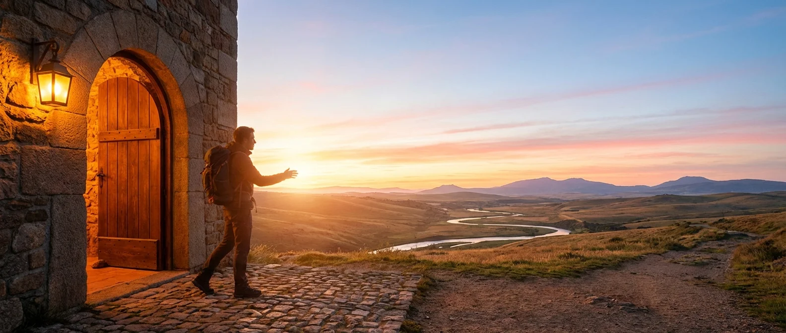 Person standing at the edge of comfort zone looking toward growth zone with brain activity visualization