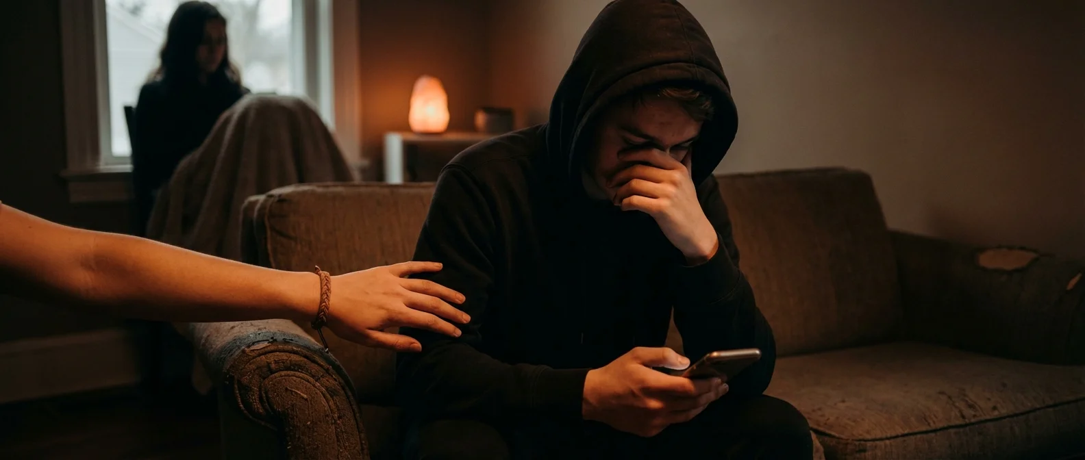 Teenager looking distressed while reading cyberbullying messages on smartphone screen