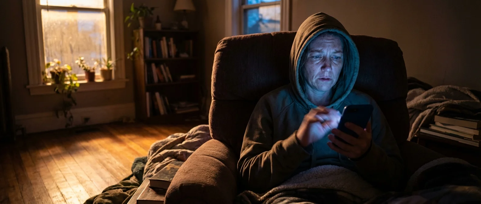 Person anxiously scrolling through negative news on smartphone showing doom scrolling behavior