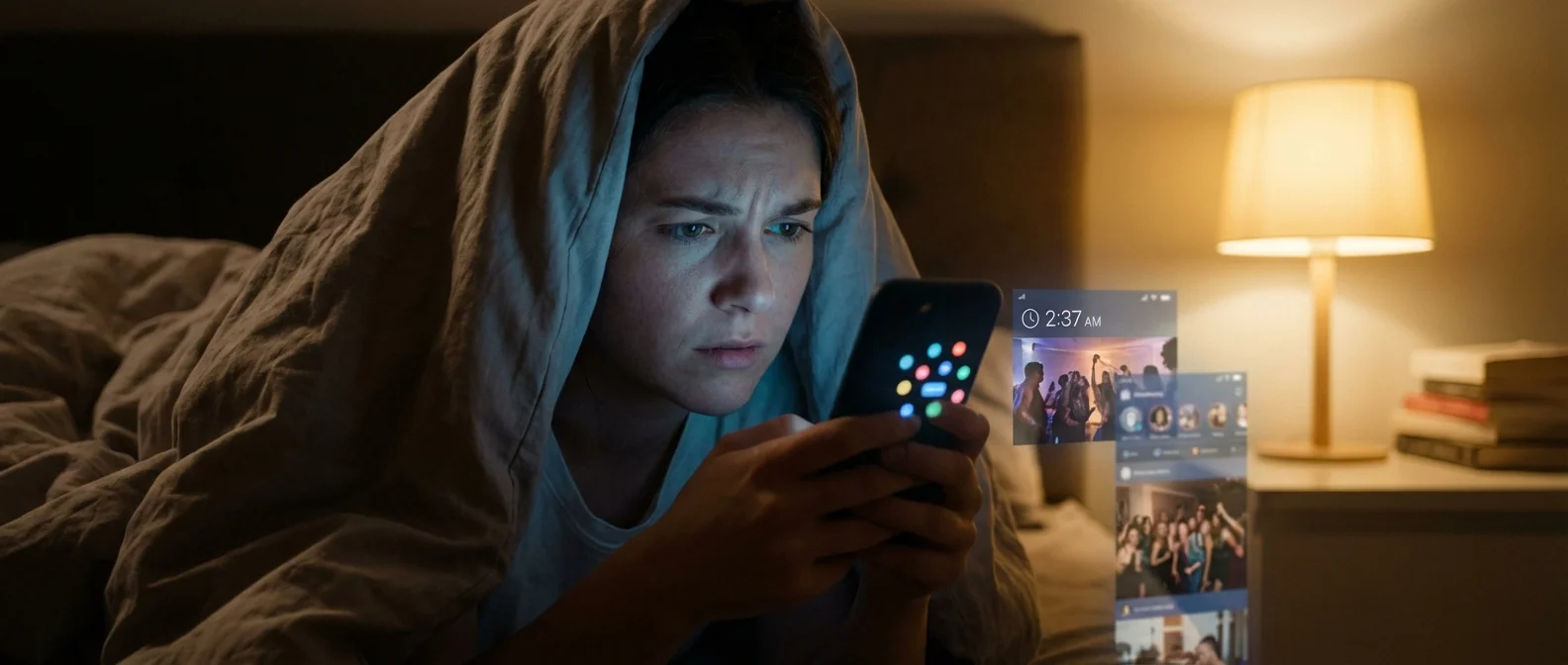 Person looking anxiously at social media notifications showing friends at events they're missing