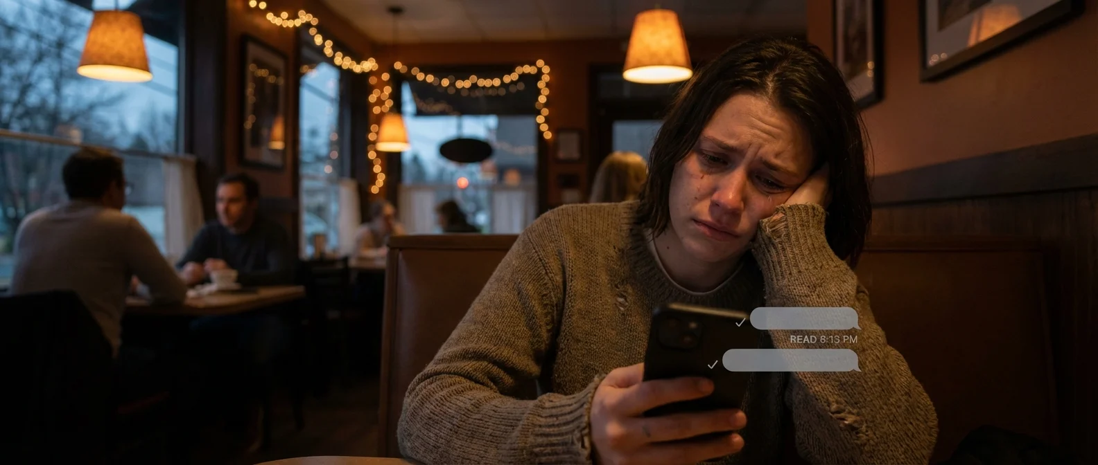 Person sitting alone looking at phone with unanswered messages, representing the emotional impact of being ghosted