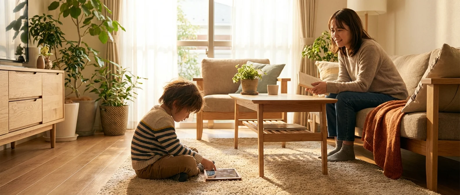Children using various digital devices showing different screen time scenarios and parental supervision methods