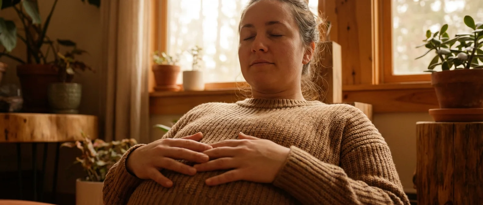Person practicing deep breathing exercises for anxiety relief in a calm environment