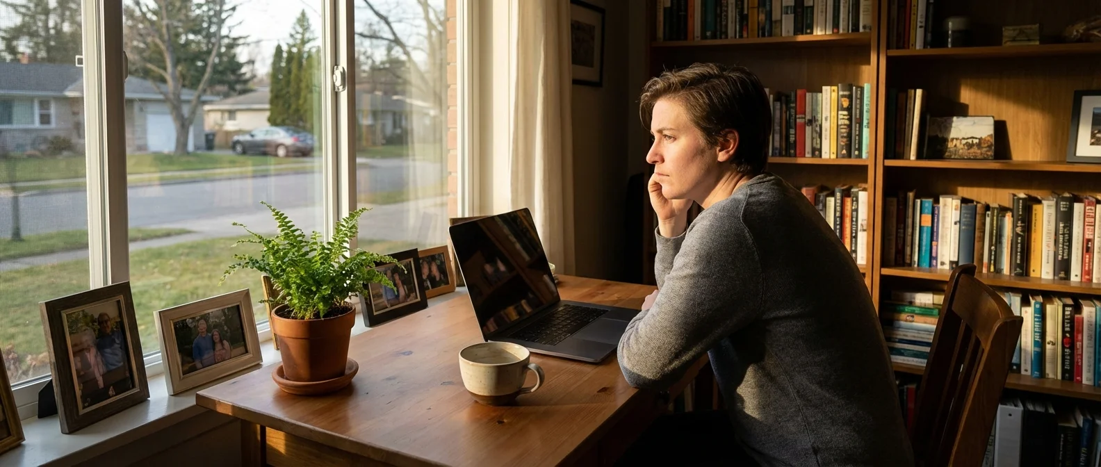 Remote worker experiencing loneliness while working from home at desk