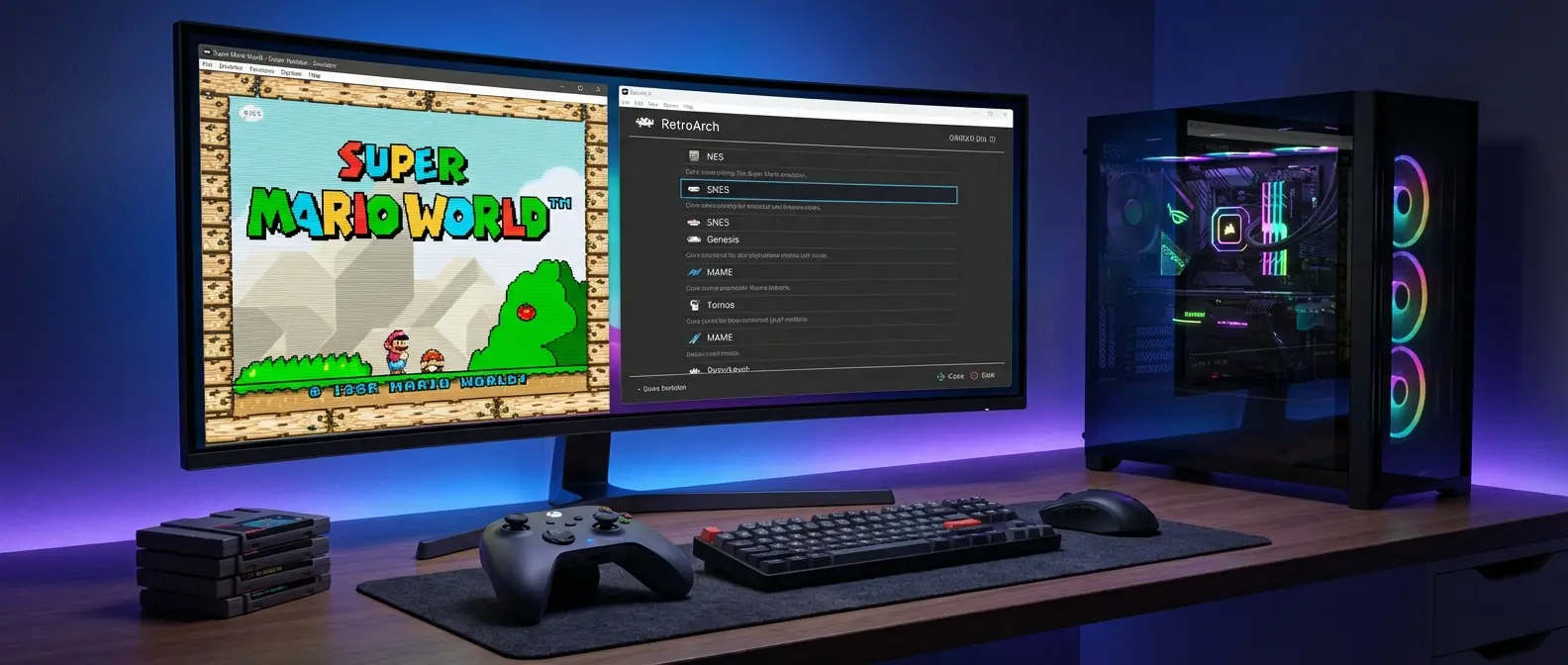 Modern emulation station featuring high-end PC with curved monitor displaying RetroArch interface and colorful RGB lighting