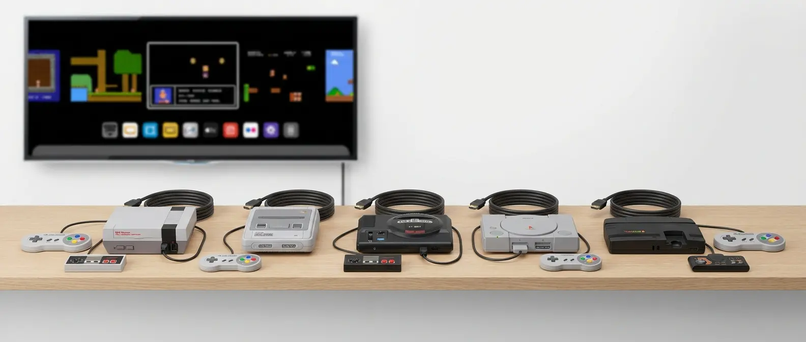 Mini retro consoles collection including NES Classic, SNES Mini, Genesis Mini, and PS Classic connected to modern TV via HDMI