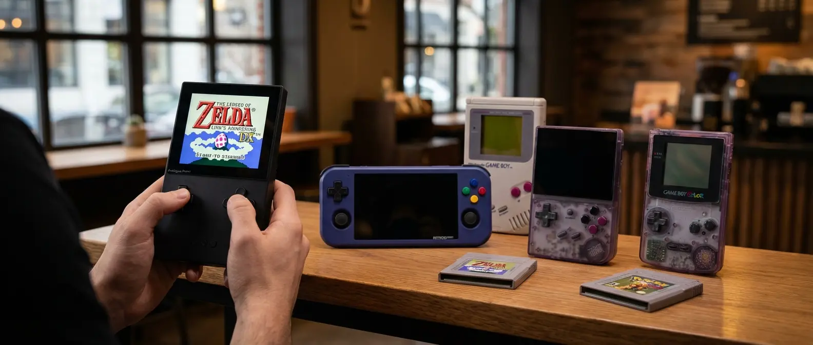 Modern retro handhelds showcase featuring Analogue Pocket, Retroid Pocket, and Anbernic devices with Game Boy cartridges