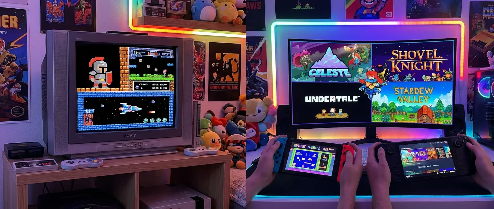 Modern pixel art indie games Celeste, Shovel Knight, Undertale, and Stardew Valley running on Nintendo Switch and Steam Deck