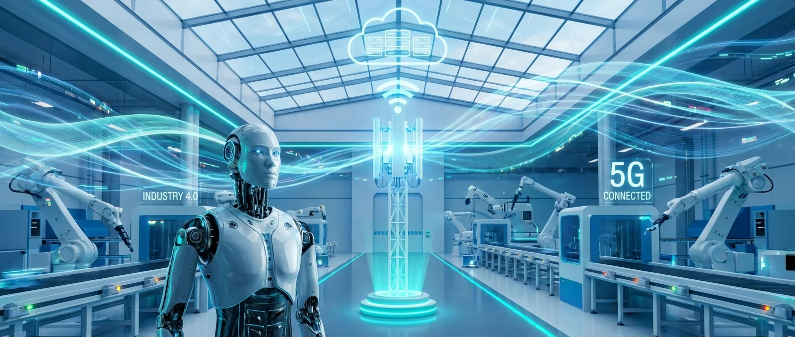 5G network tower enabling real-time robotics communication with ultra-low latency for remote surgery and smart factories