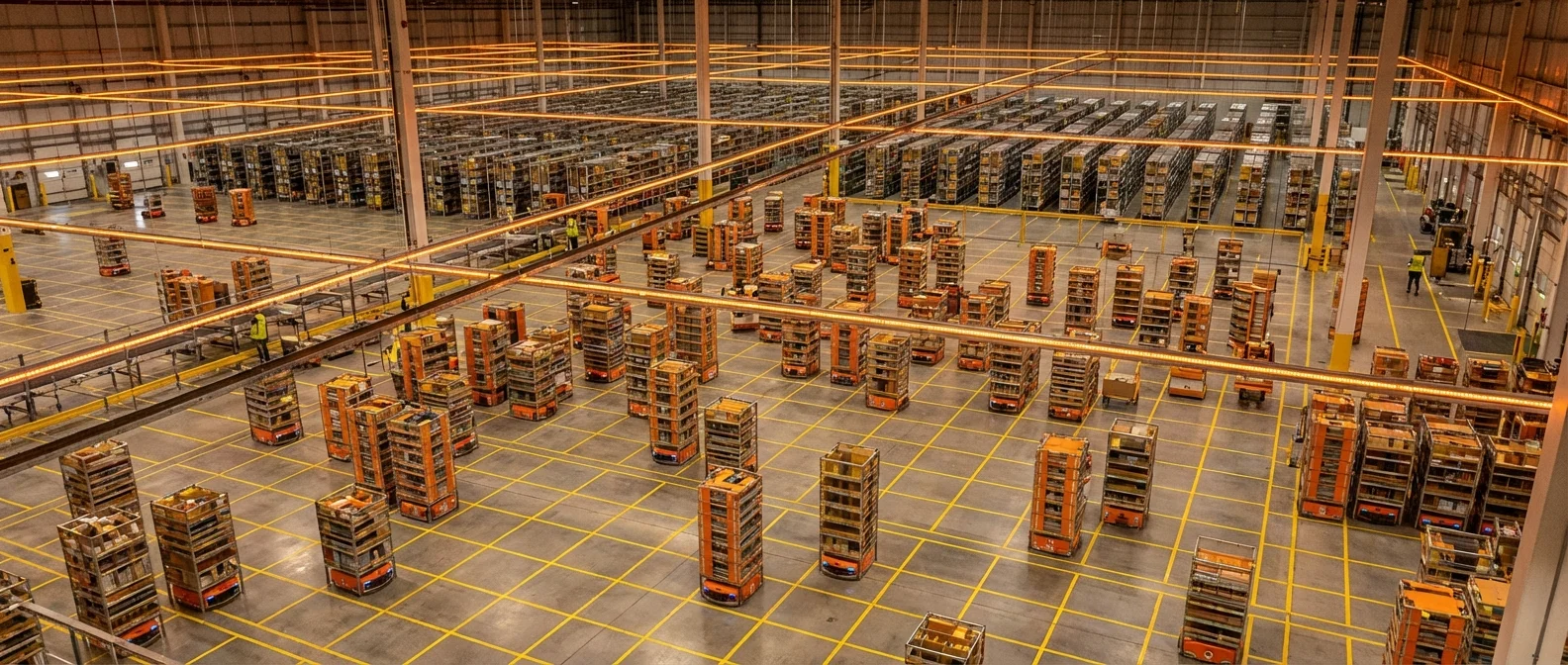 Amazon warehouse robots working alongside human employees in fulfillment center
