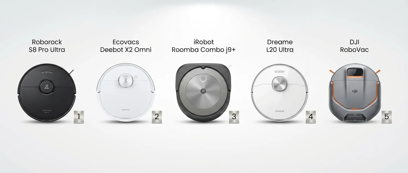 Best robot vacuums of 2026 comparison featuring Roborock Saros Z70, Ecovacs X5, Dreame X40 and DJI Romo models