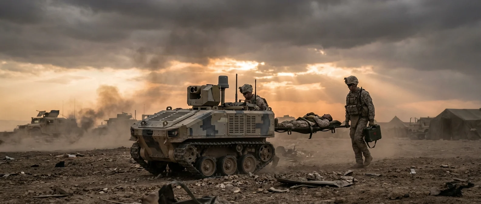 DARPA autonomous medical robot performing battlefield triage assessment on wounded soldier