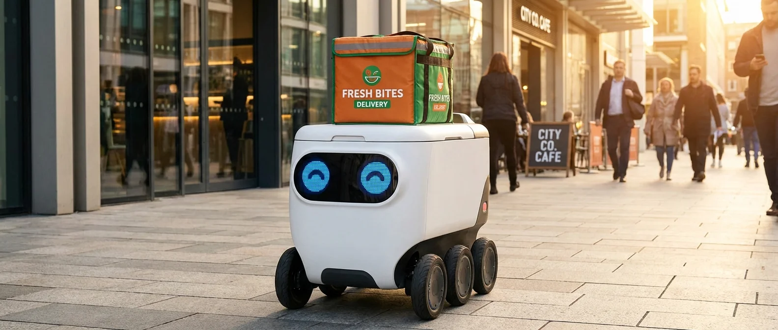 Autonomous delivery robot navigating sidewalk with food packages in urban environment