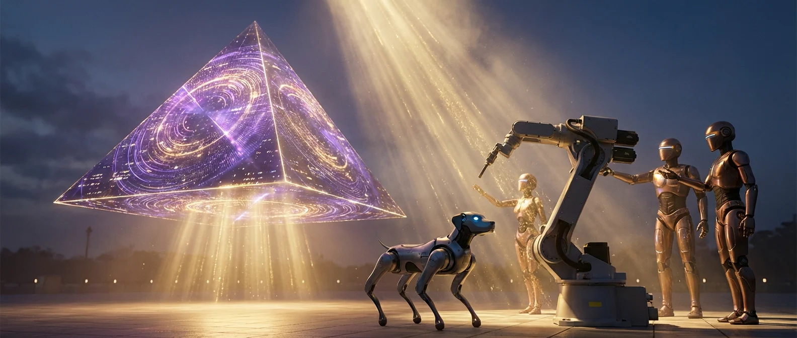 Multiple robot types controlled by a single foundation model showing cross-embodiment transfer learning