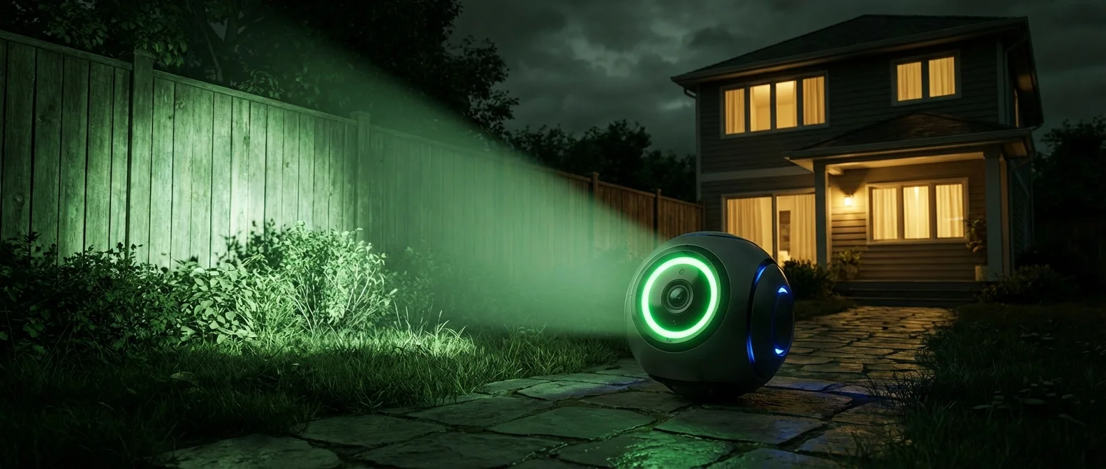 Advanced home security robots patrolling and monitoring residential property with AI technology