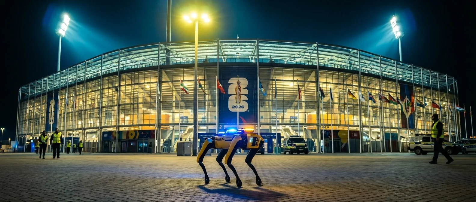Spot robot dog patrolling FIFA World Cup 2026 stadium with AI surveillance cameras and thermal imaging sensors