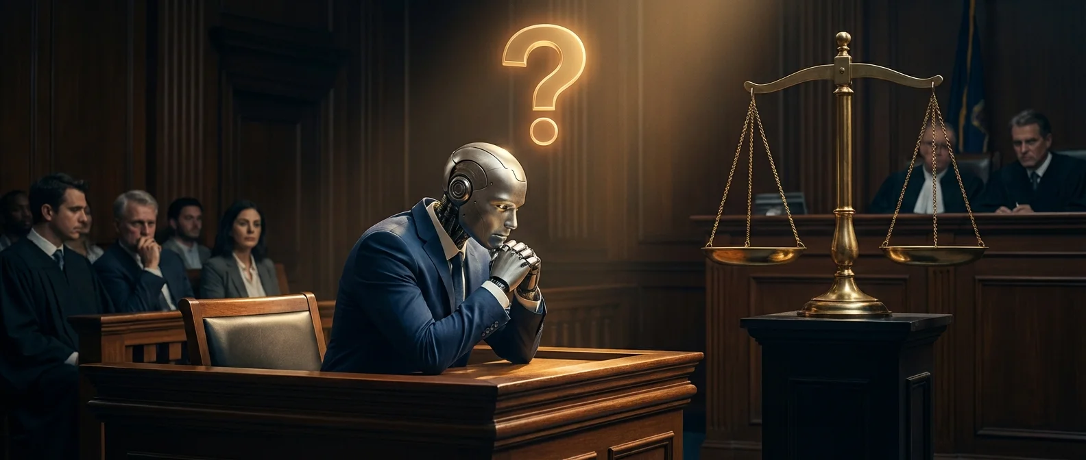 Humanoid robot contemplating ethics with digital conscience visualization and moral decision-making algorithms