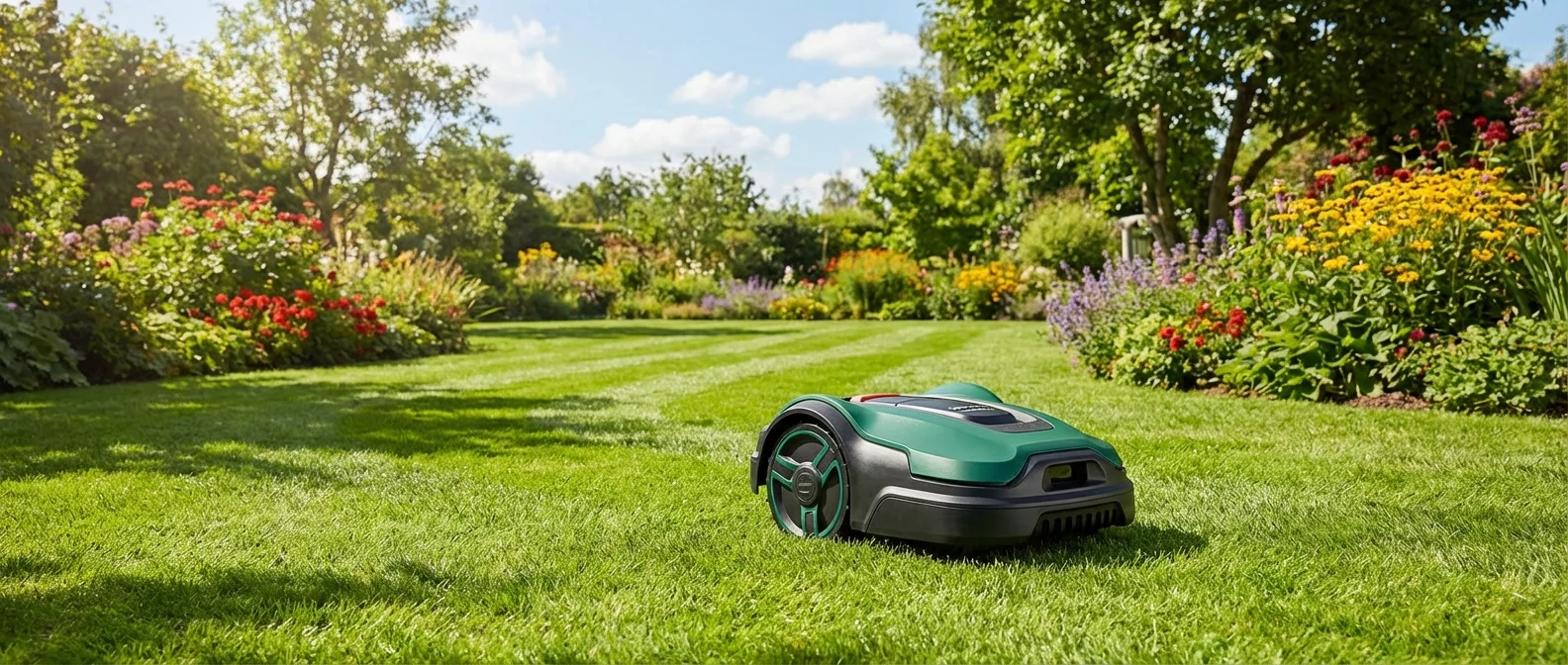 Robot lawn mower with GPS navigation cutting grass autonomously in 2026