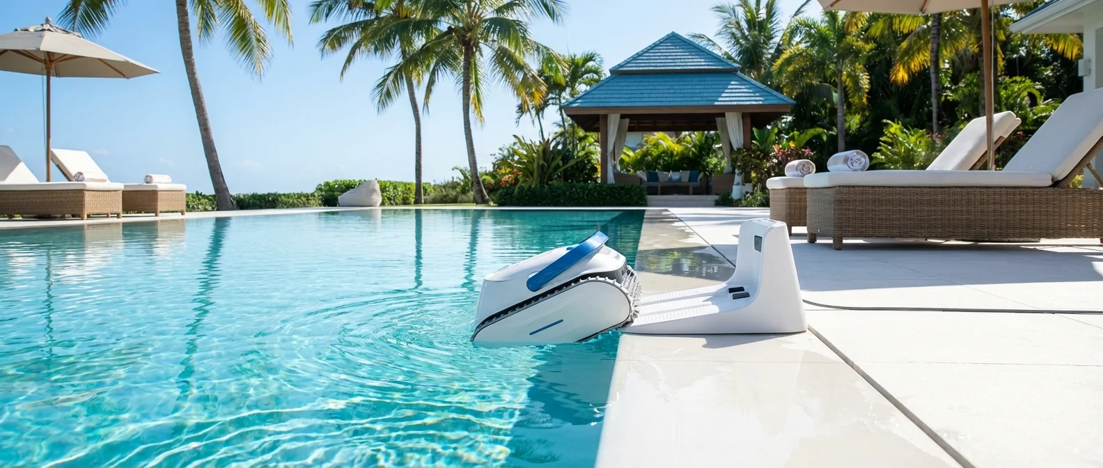 Advanced robotic pool cleaner with AI navigation system cleaning pool autonomously