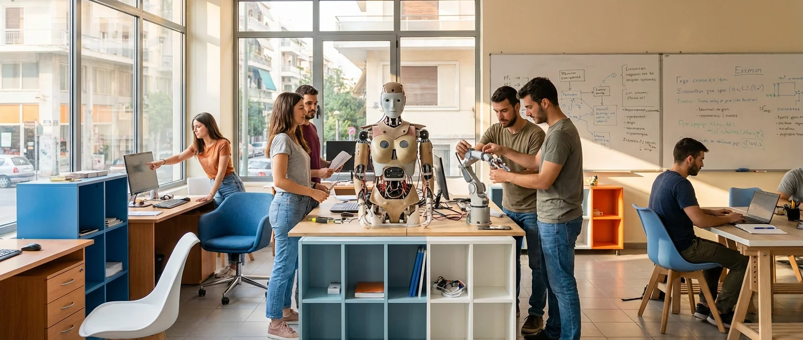Greek robotics startup engineers working on agricultural automation systems in Athens tech hub