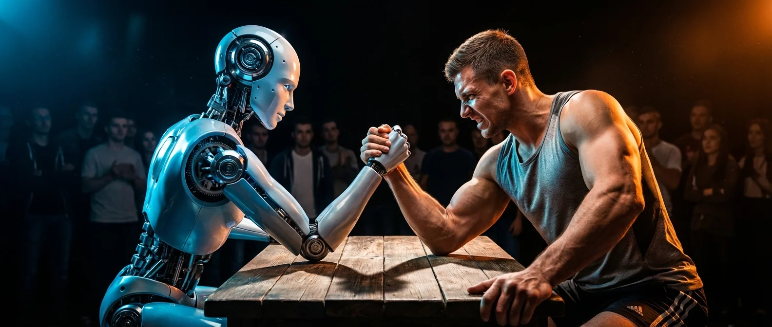 Side-by-side comparison showing robot and human capabilities in speed, accuracy, and creativity for 2026