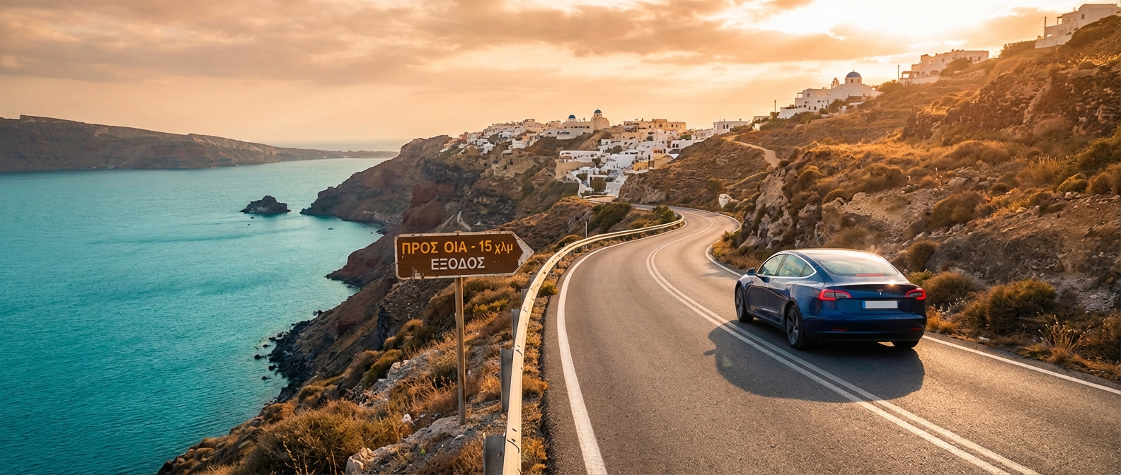 Tesla Model 3 charging with scenic view of Santorini Oia village during Greek islands road trip