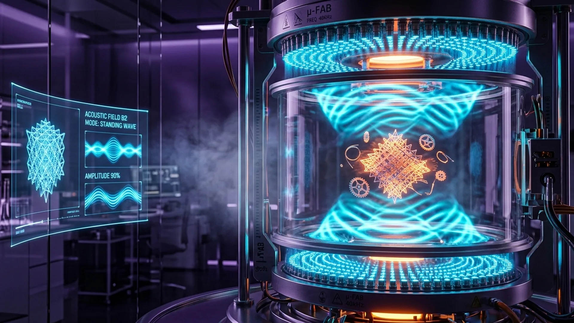 Acoustic 3D printing process using sound waves to create microscopic structures in soft polymer materials