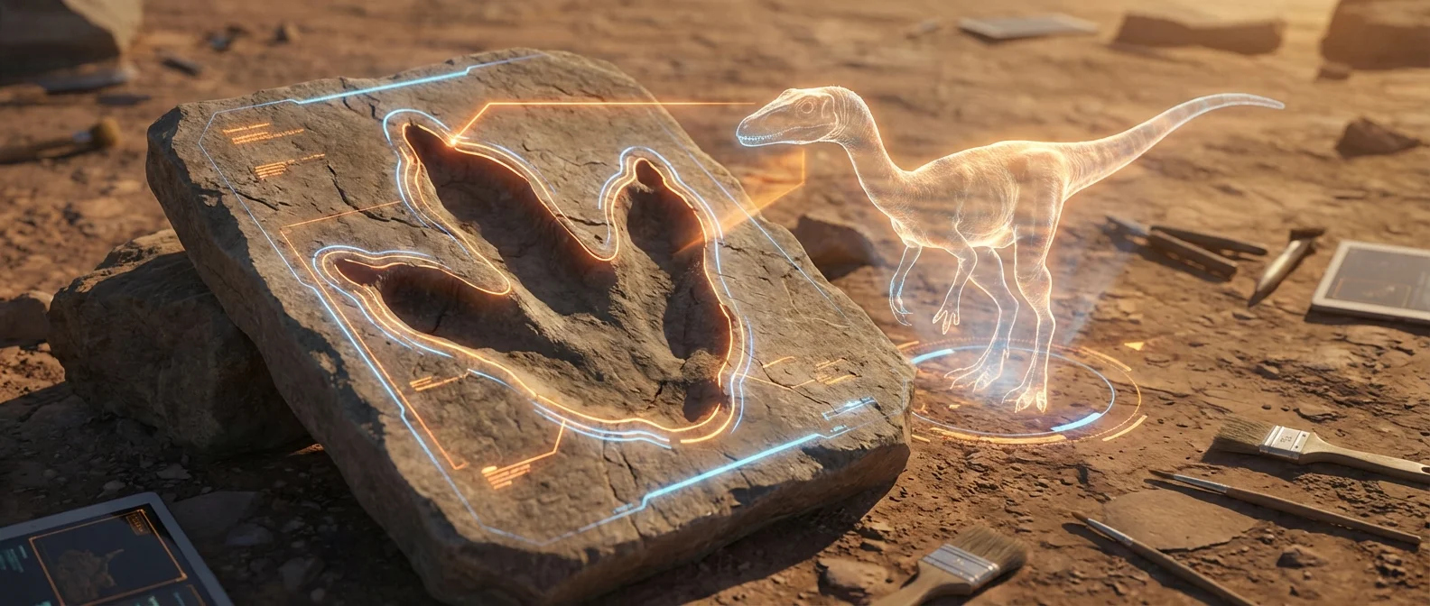 DinoTracker AI interface analyzing dinosaur footprint fossils with species identification results