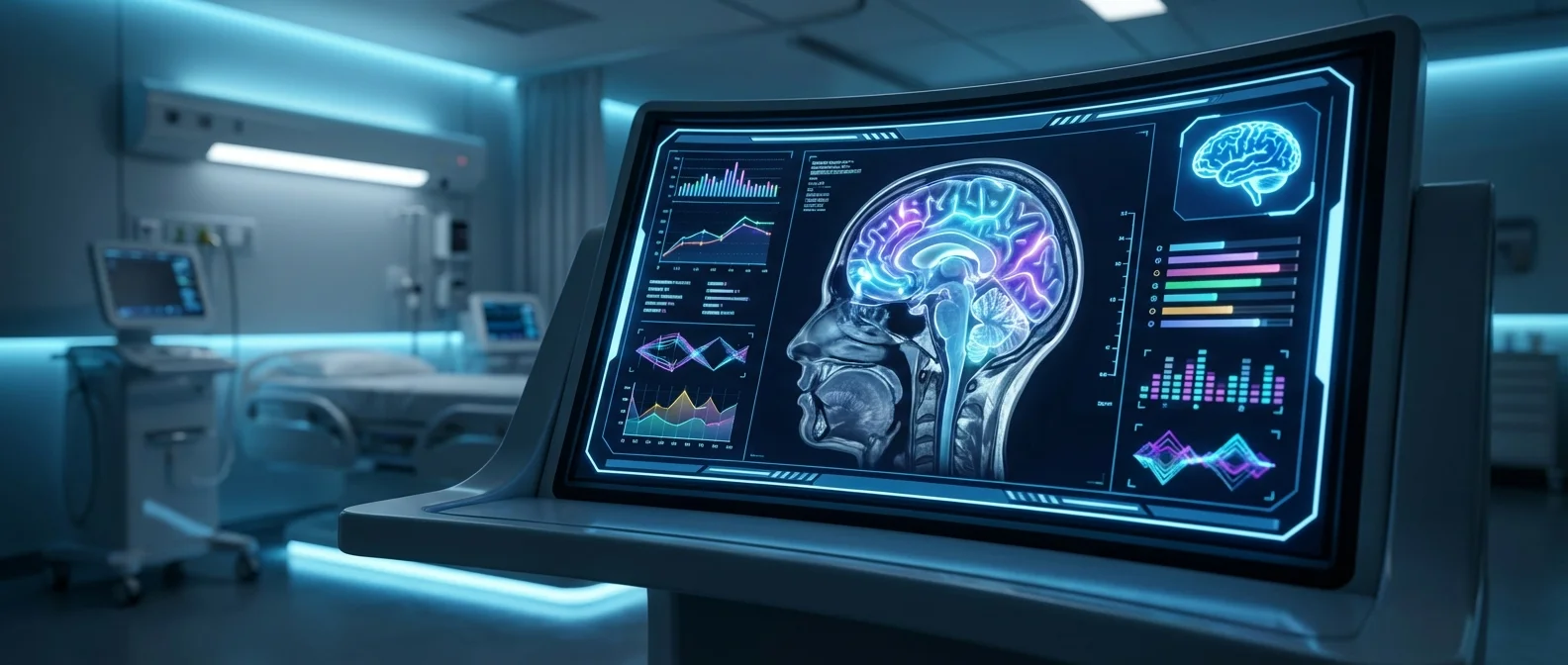 Prima AI system analyzing brain MRI scans with real-time diagnostic results on medical display