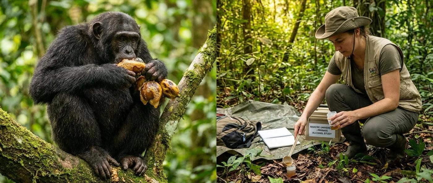 Chimpanzees gathering around raffia palm trees to consume fermented palm wine in Guinea-Bissau tropical forests