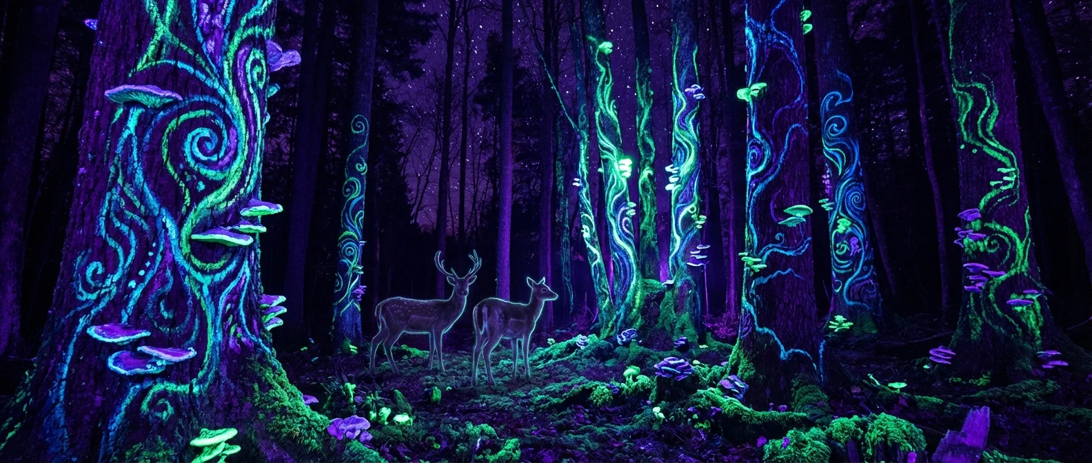 Deer in forest under UV light showing fluorescent tree markers