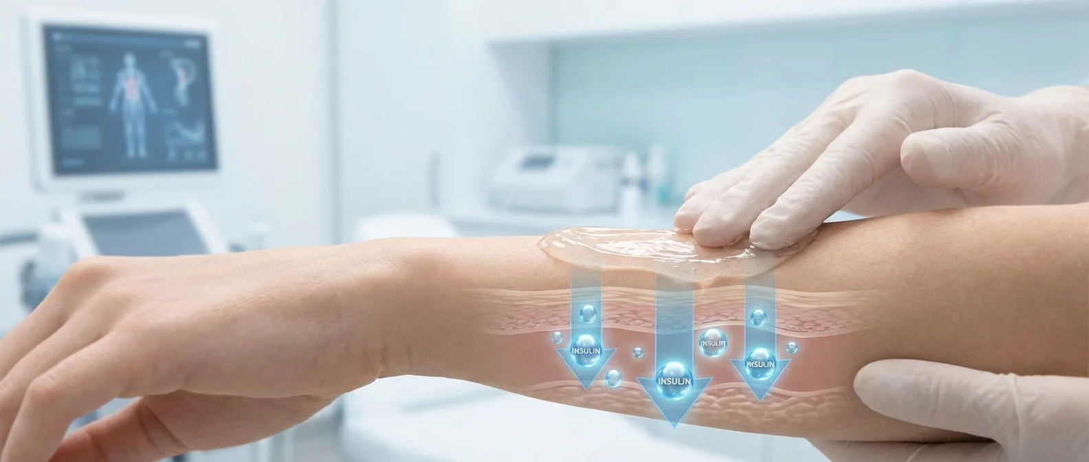 Revolutionary transdermal insulin gel applied to skin showing molecular structure and absorption pathway